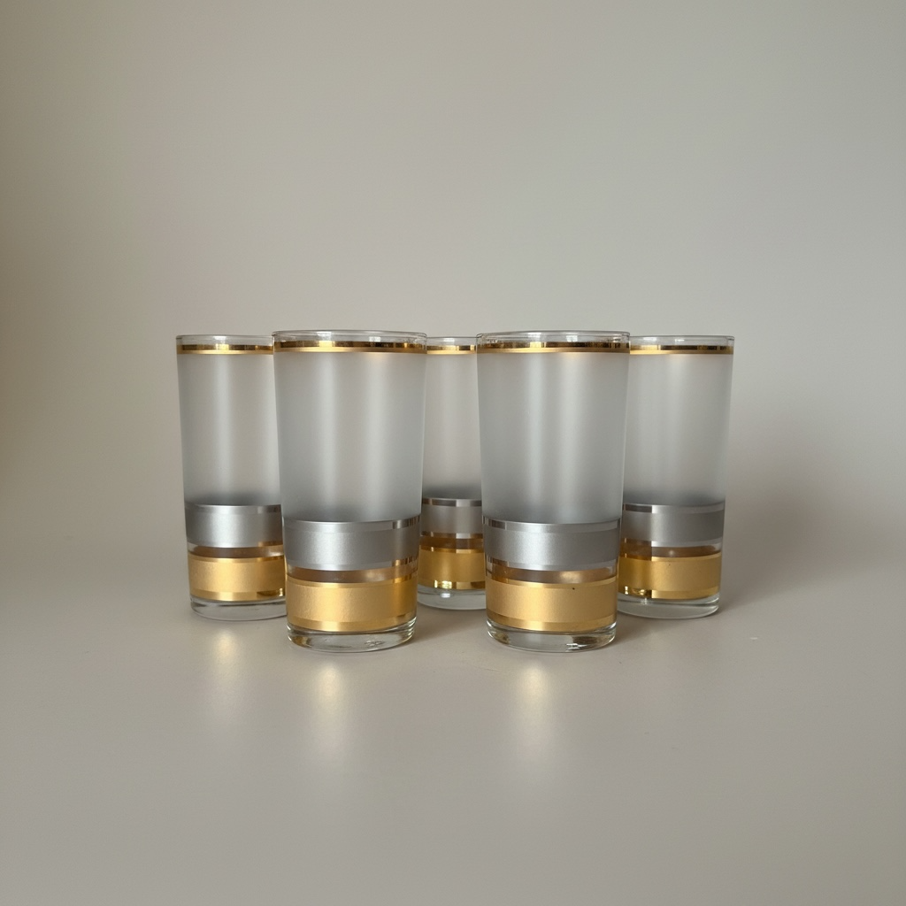 Full set of six Culver frosted highball glasses aligned in a row