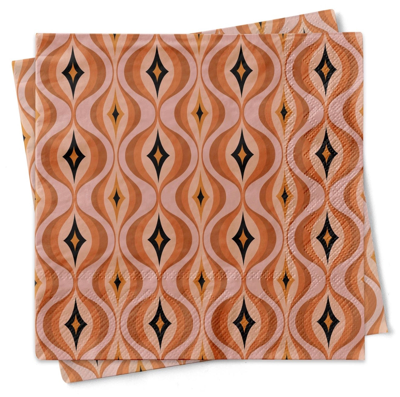 Set of retro orange cocktail napkins with mid century modern diamond wave geometric pattern
