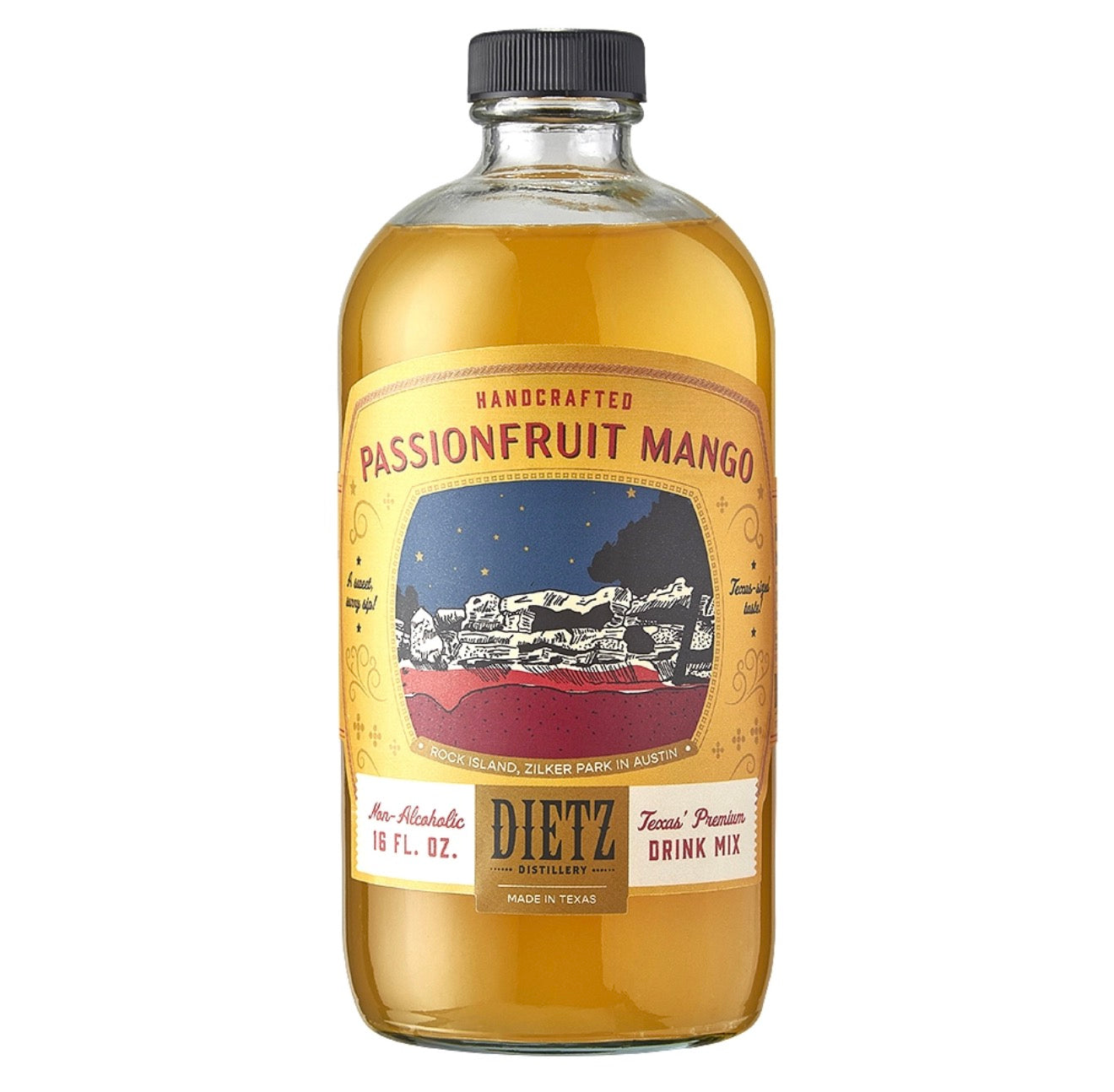 Dietz passionfruit mango cocktail mixer bottle with tropical fruit flavors on white background