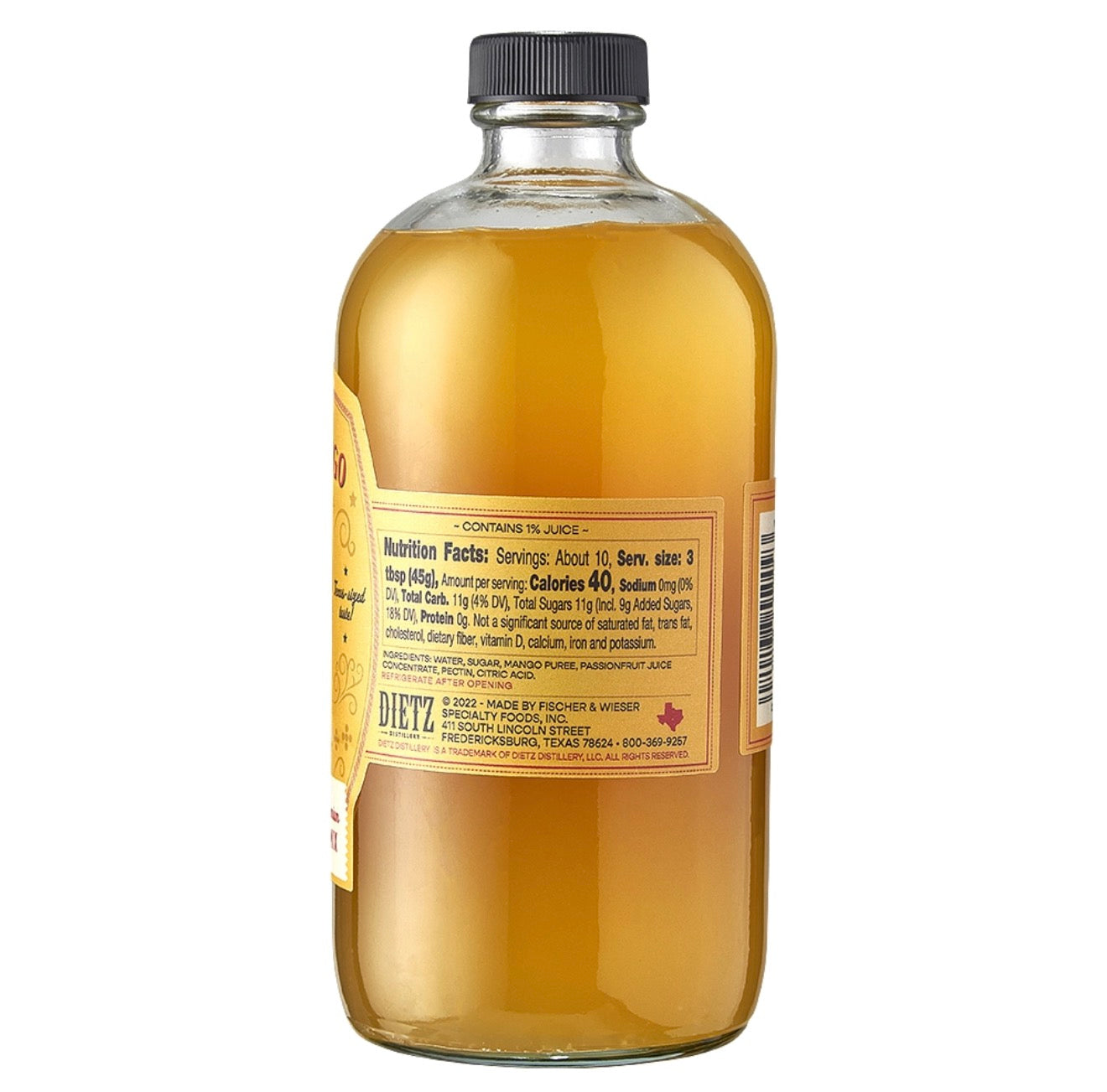 Back label of Dietz passionfruit mango drink mix showing nutrition facts and ingredients