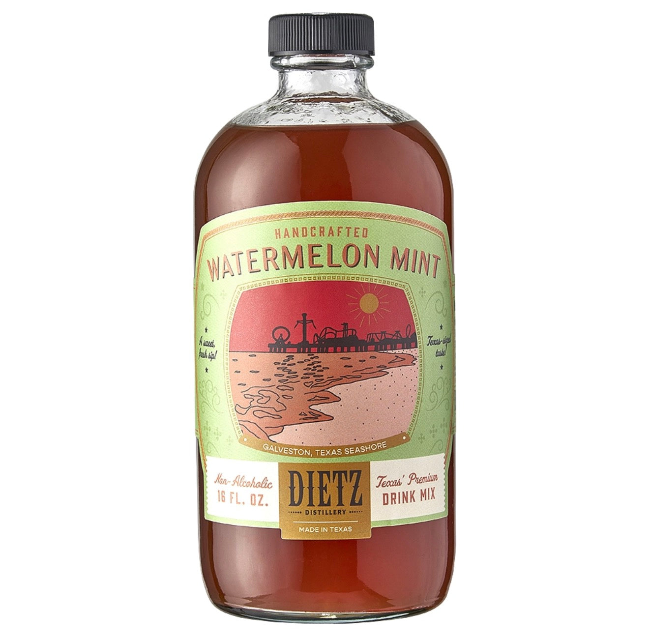 Dietz watermelon mint cocktail mixer bottle with fresh watermelon and mint flavor on white background