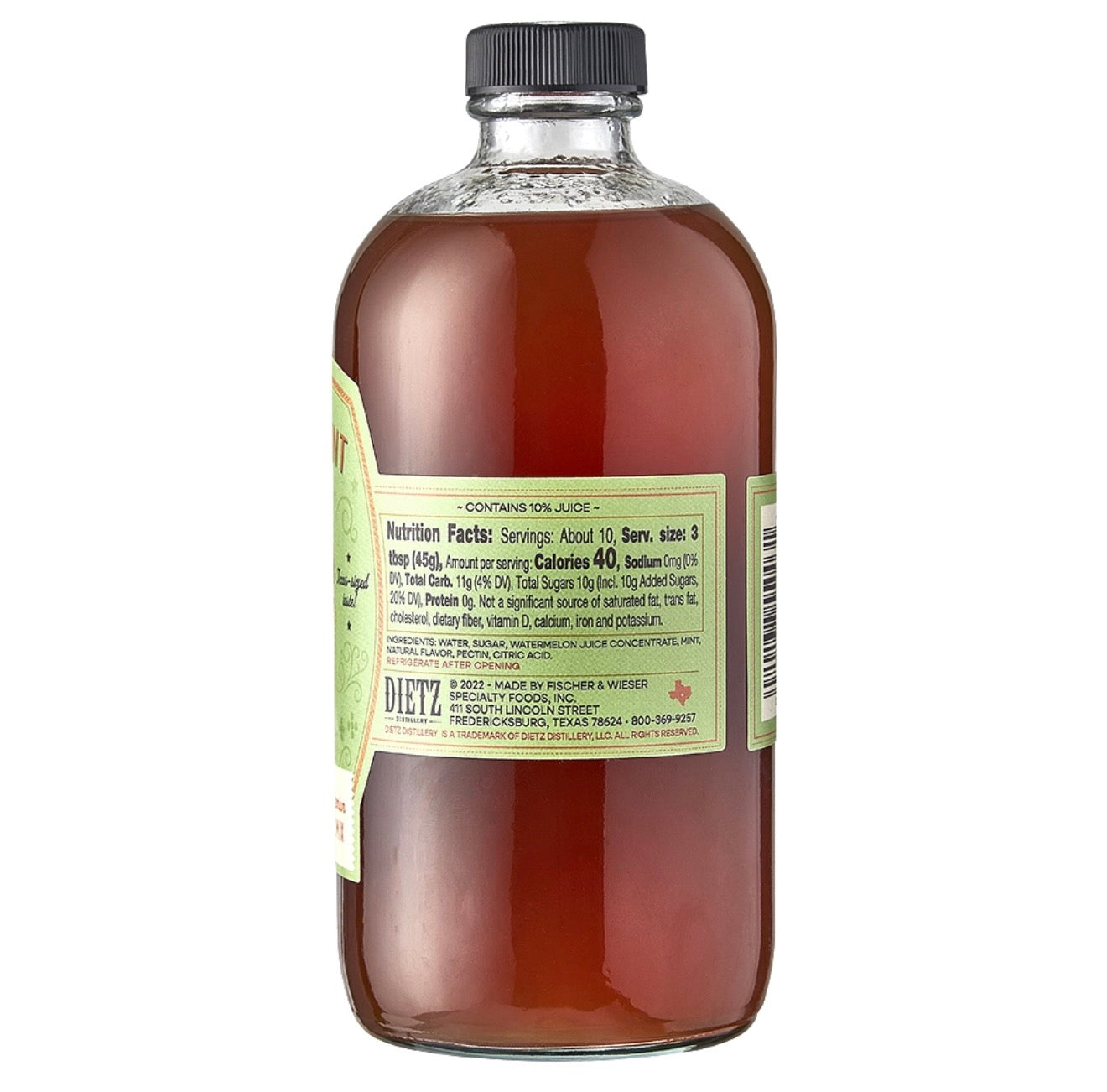 Back label of Dietz watermelon mint drink mix showing nutrition facts and ingredients