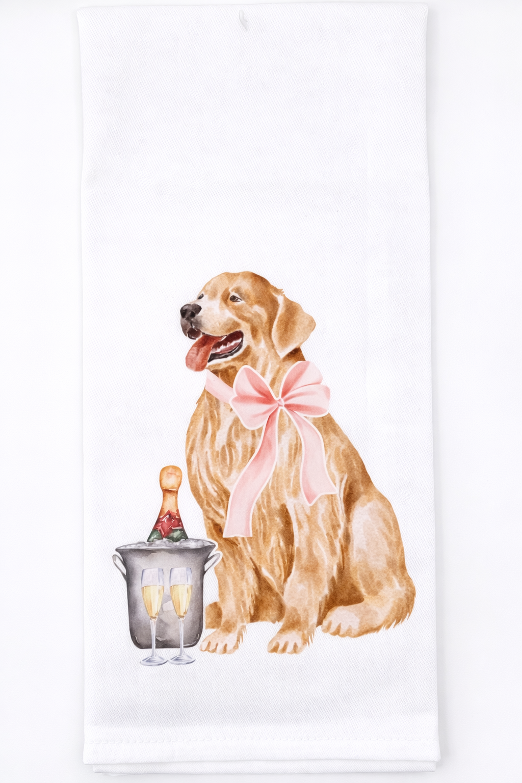 Golden Retriever kitchen towel with cocktail themed watercolor artwork