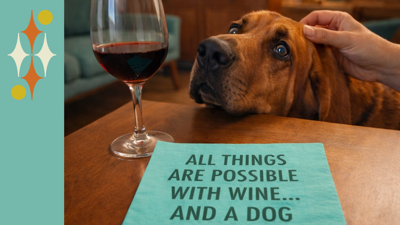 Dog looking at a glass of red wine beside a cocktail-themed dog lover napkin on a wooden table