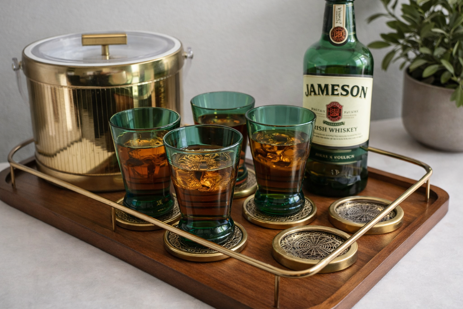 Vintage emerald green cocktail glasses on mid century bar tray with whiskey and brass ice bucket