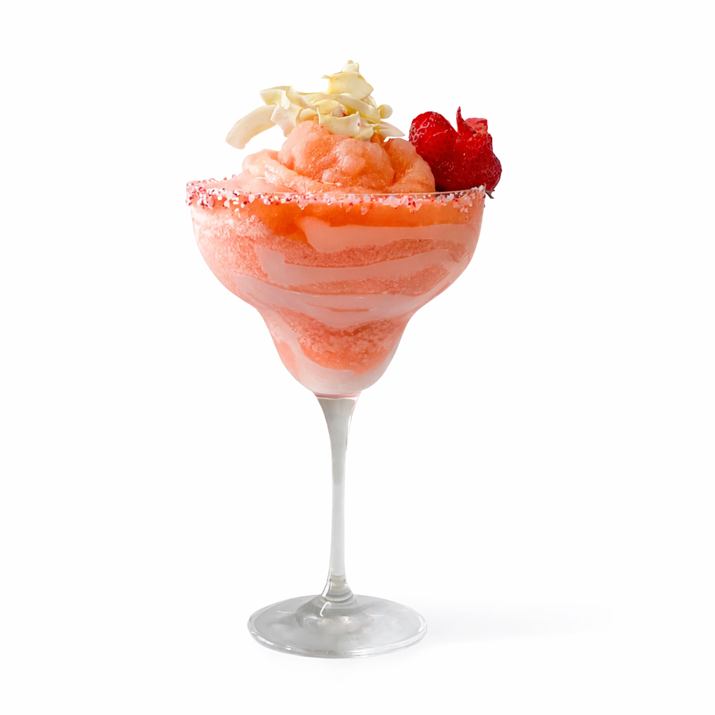 Frozen strawberry rose cocktail made with Morris Kitchen mixer topped with whipped cream and strawberry

