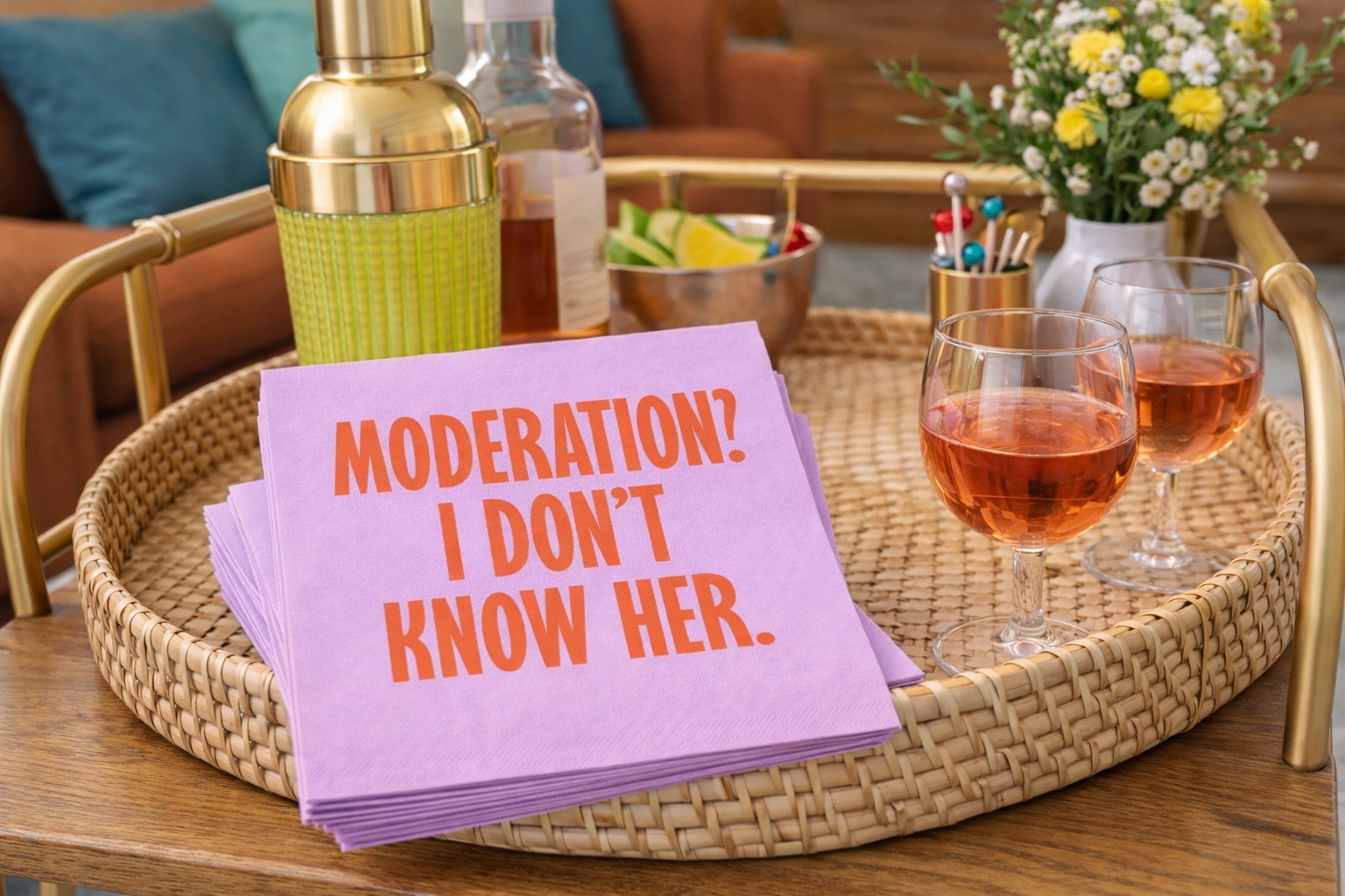 Stack of funny cocktail napkins styled on mid century modern home bar tray with wine glasses and shaker