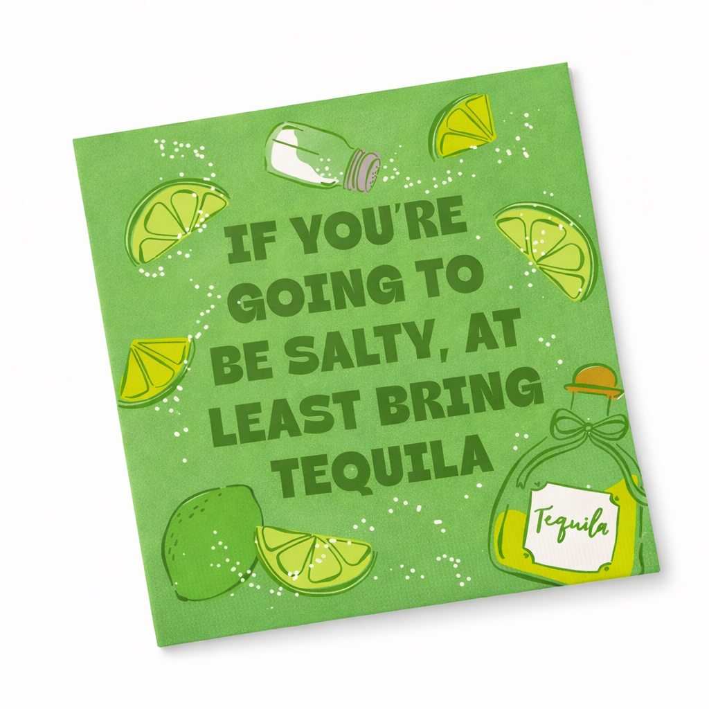 Funny green tequila cocktail napkin with salty quote and lime illustrations on white background