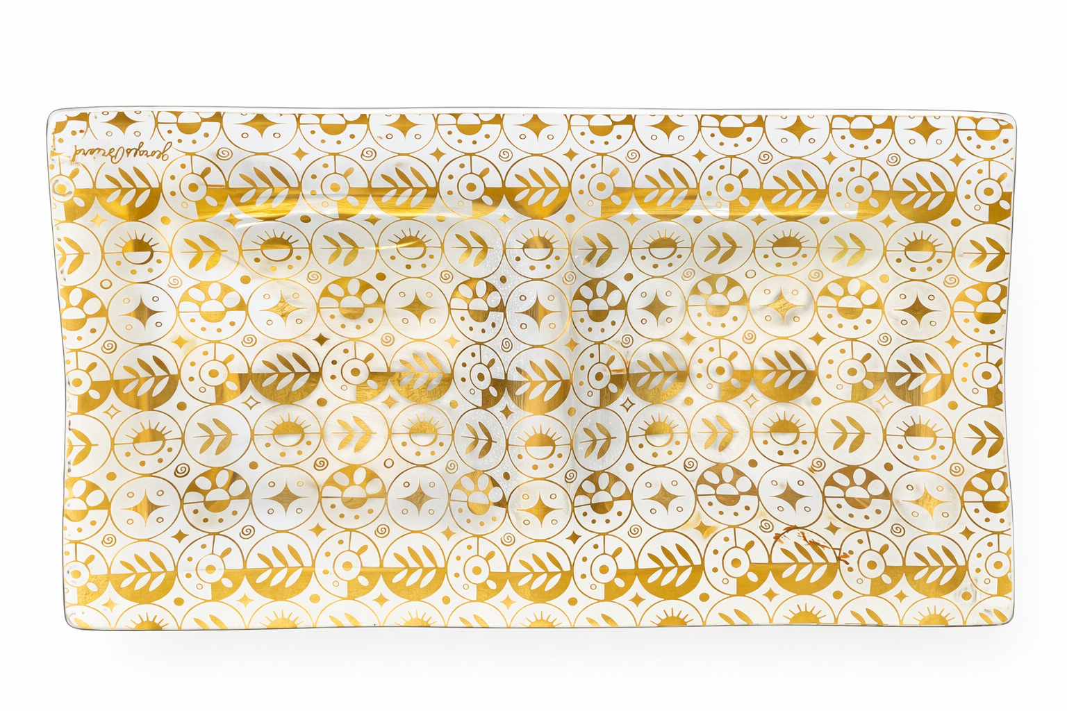 Angled view of Georges Briard 22K gold glass platter showing curved edges and gold detailing