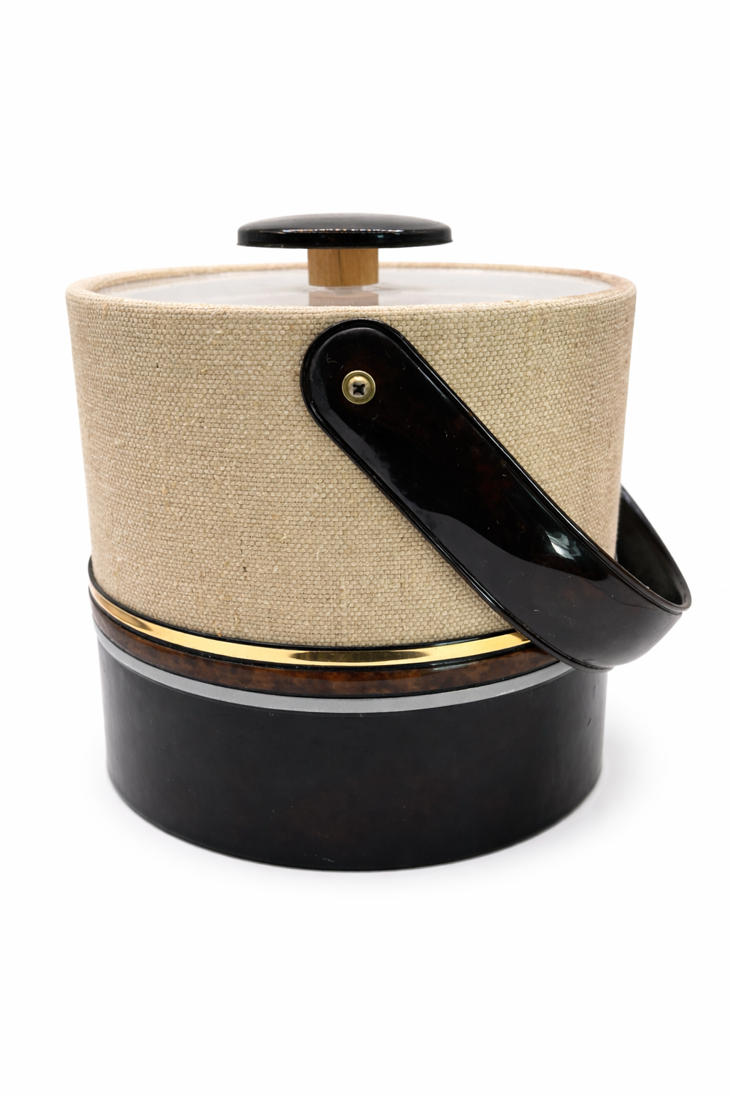 Side view of Georges Briard ice bucket showing lucite swing handle
