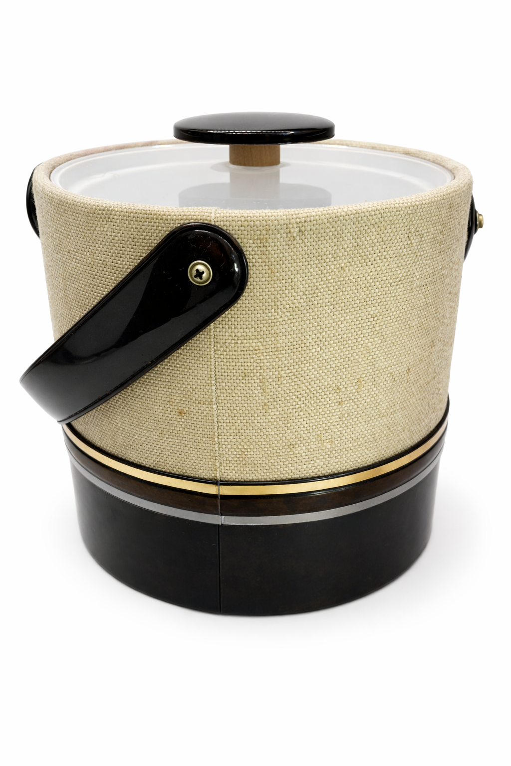 Side view of Georges Briard ice bucket showing lucite swing handle