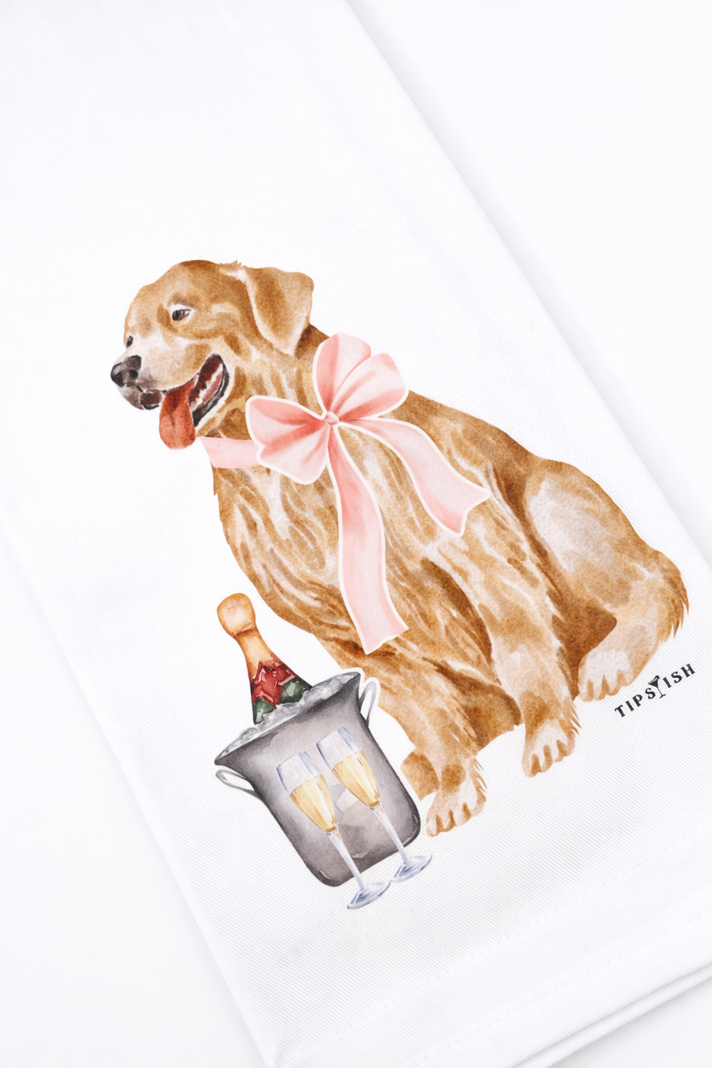 Golden Retriever champagne tea towel featuring a watercolor dog with champagne bucket