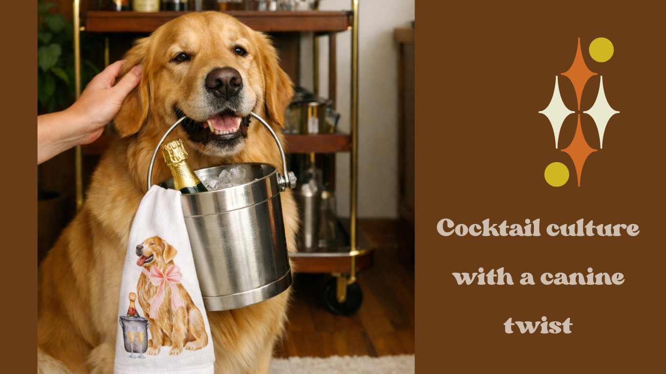 Golden retriever holding a champagne ice bucket beside a dog-themed cocktail bar towel in a home bar setting