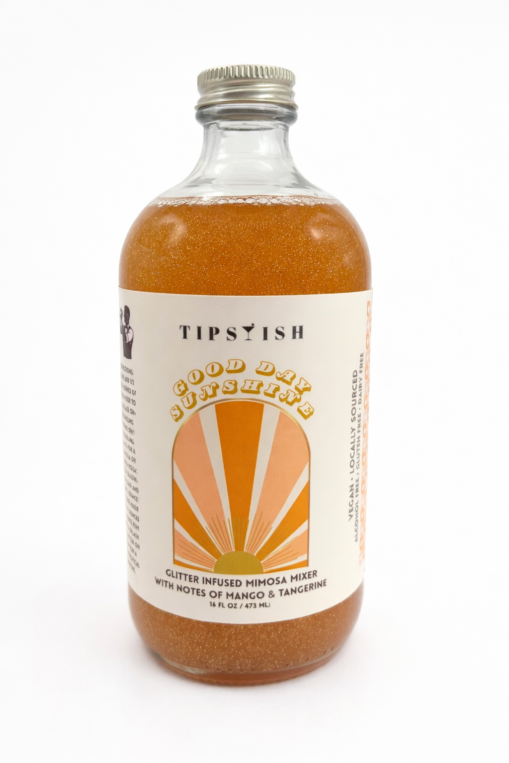 Good Day Sunshine glitter mimosa mixer bottle with mango and tangerine flavor on white background