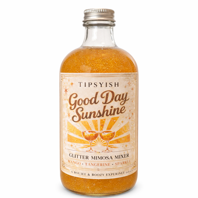 Good Day Sunshine glitter mimosa mixer bottle with mango and tangerine flavor on white background