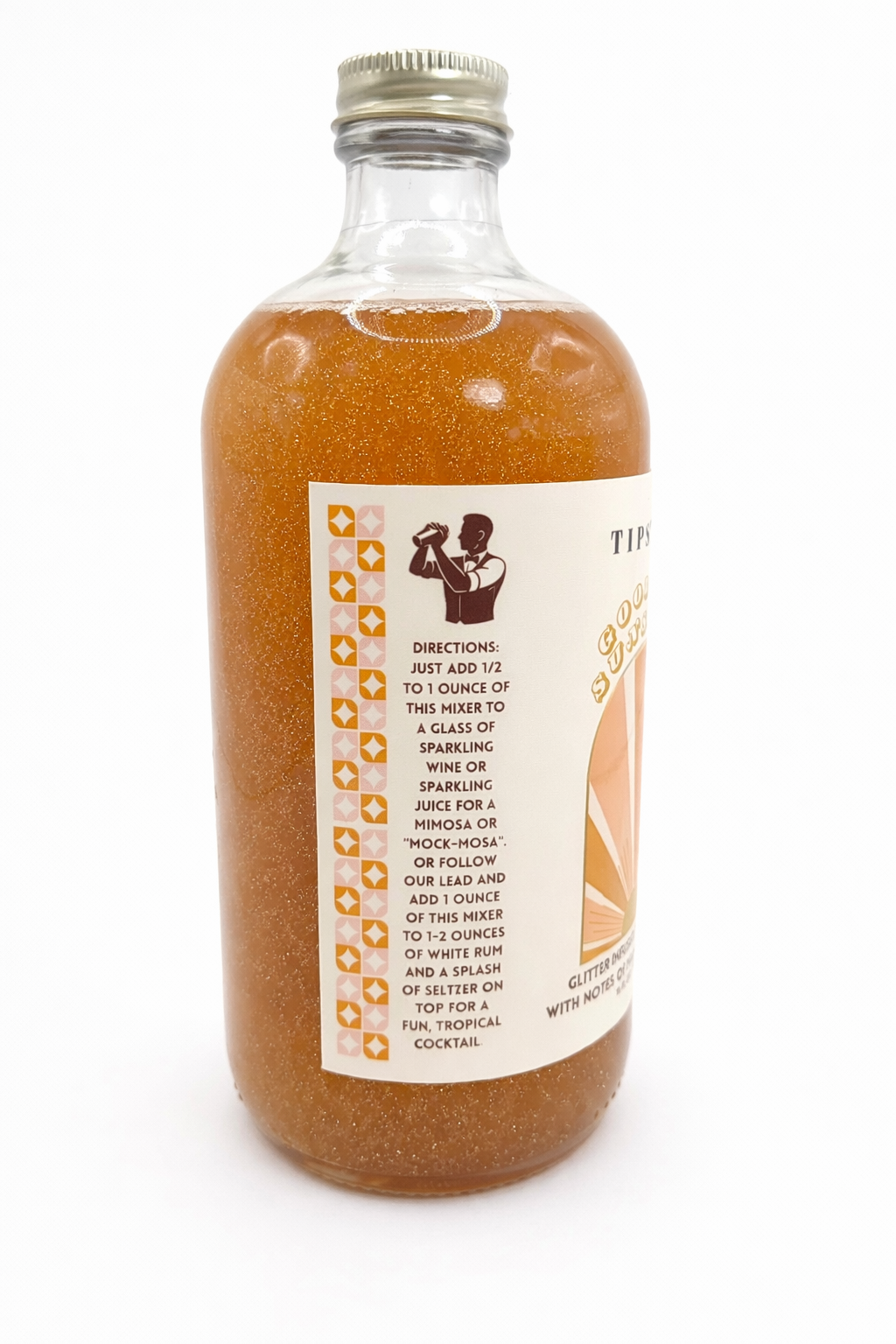 Side label of Good Day Sunshine glitter mimosa mixer showing cocktail and mocktail directions
