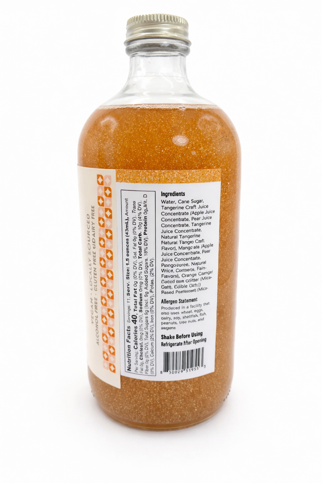 Back label of Good Day Sunshine mango tangerine glitter mimosa mixer showing ingredients and nutrition facts