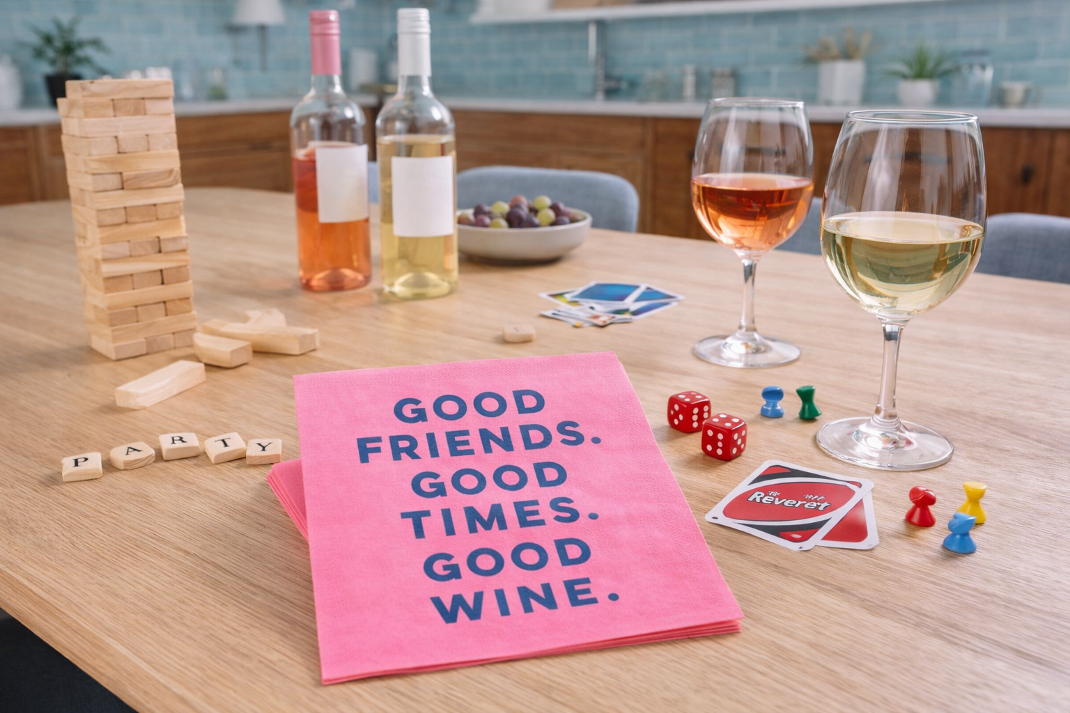 Pink wine themed cocktail napkins styled on mid century modern kitchen table with wine glasses and games