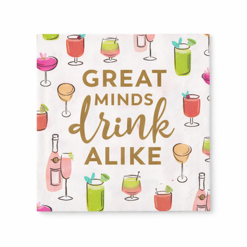 Great Minds Drink Alike cocktail napkin with colorful drink illustrations on white background