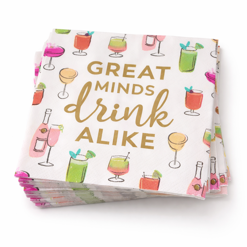 Stack of Great Minds Drink Alike paper cocktail napkins with colorful cocktail pattern