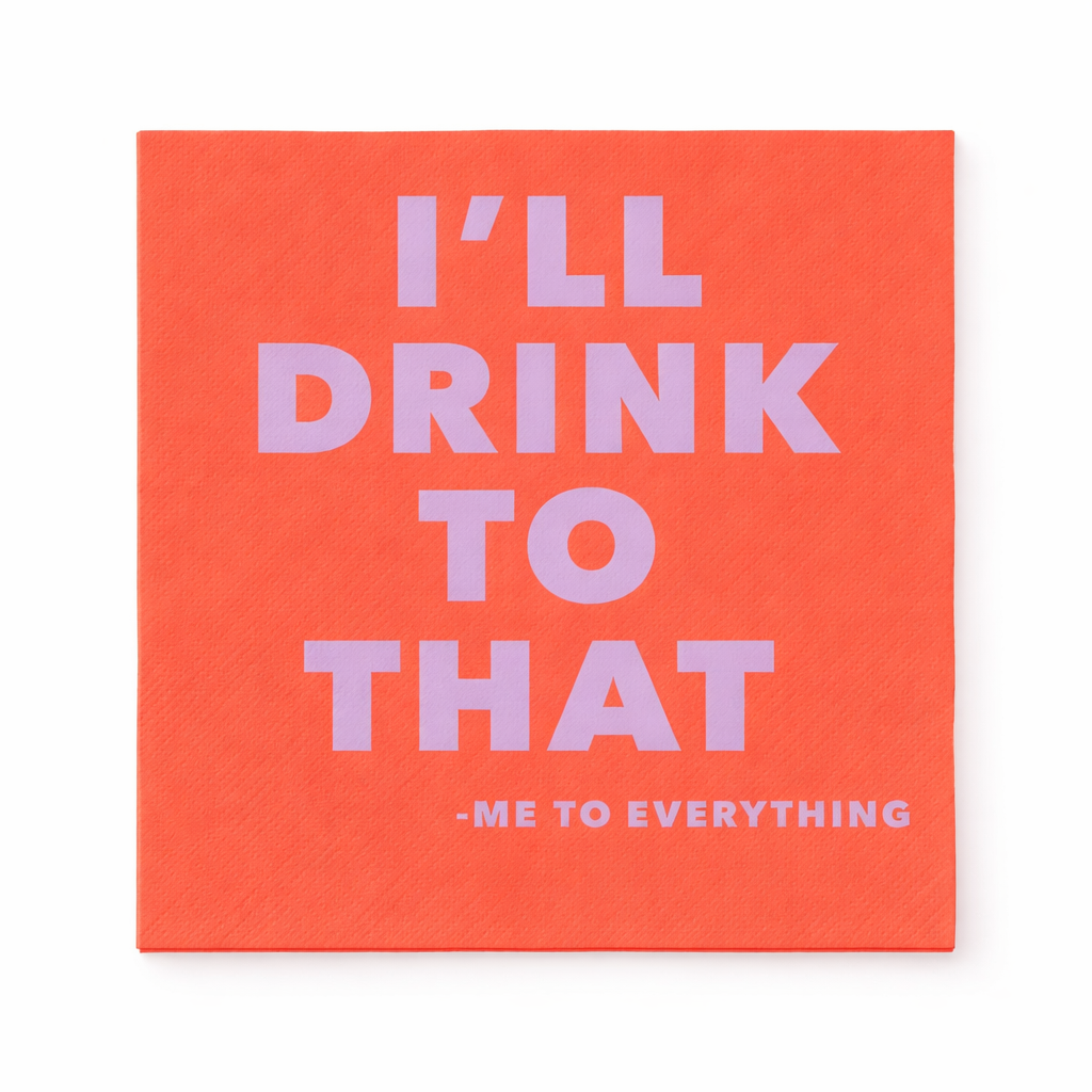 Funny coral cocktail napkins with I’ll Drink to That text in lavender lettering set of 20 party napkins