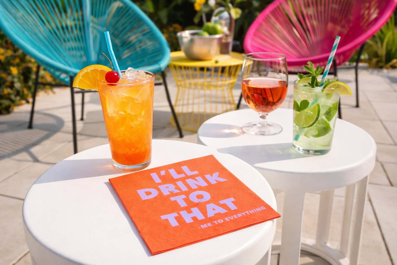 I’ll Drink to That cocktail napkin styled on bright mid century modern patio table with summer drinks