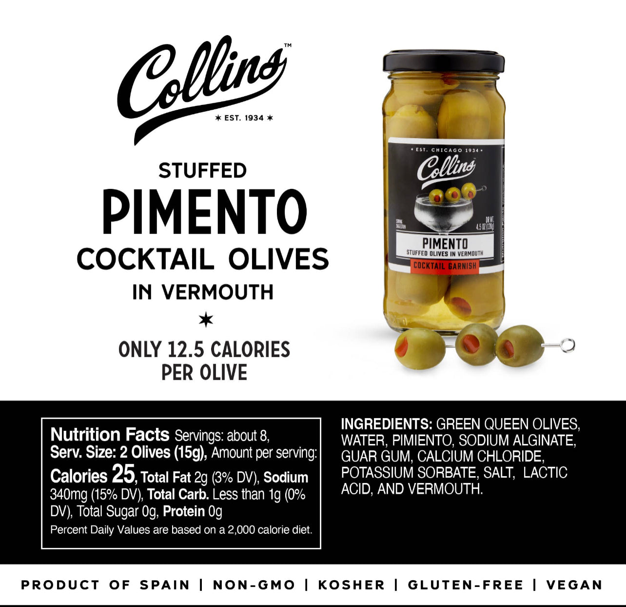 nutritional information for stuffed pimento cocktail olives in vermouth