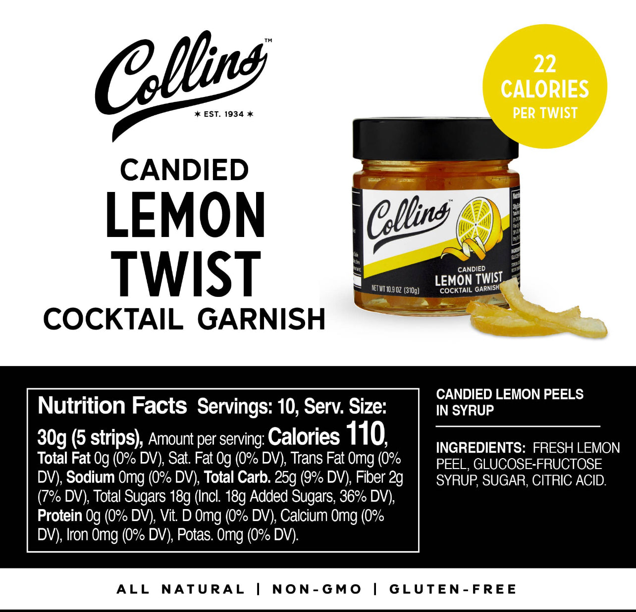 nutritional information for the 10.9 oz jar of candied lemon twist cocktail garnish by Collins
