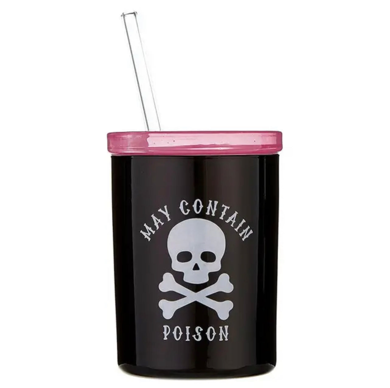Halloween themed double old fashoined glass in black with a pink glass lid and glass straw, design features skull and cross bones that say "may contain poison"