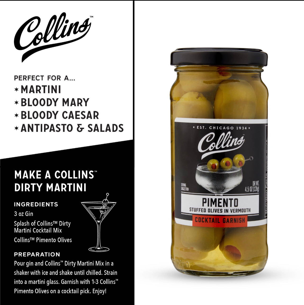 jar of pimento stuffed olives in vermouth with a recipe on how to make a Collins Dirty Martini and suggestions for using the olives including martini, bloody mary, bloody caesar, antipasto and salads