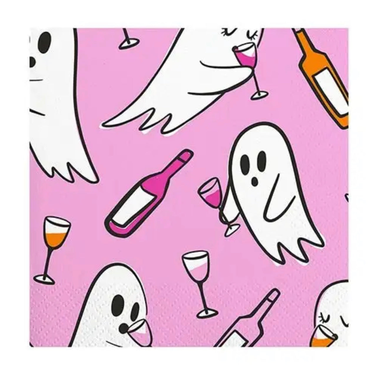 Halloween themed cocktail napkins featuring a pink background with floating wine glasses and bottles and ghosts drinking wine