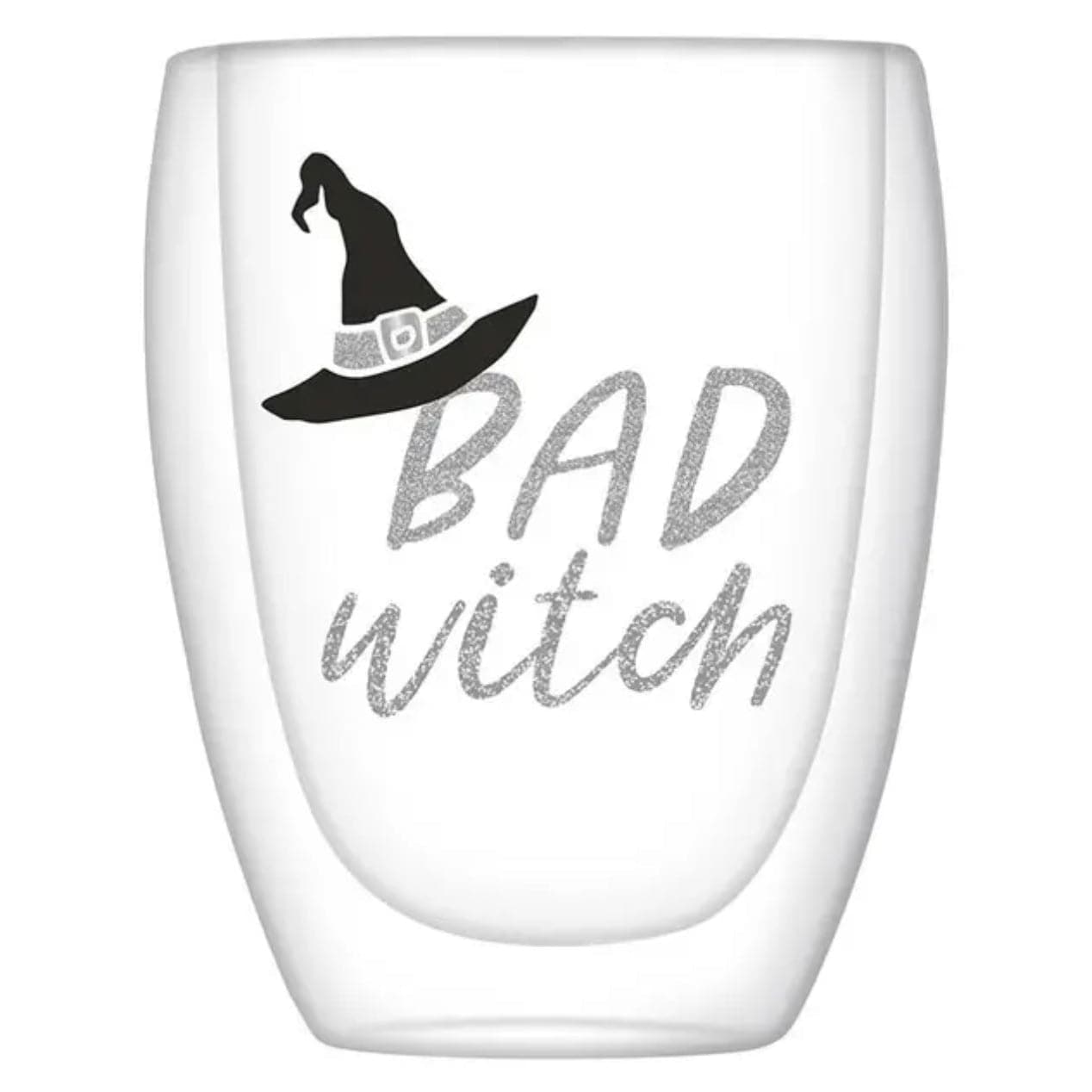 double walled stemless wine glass with two sides featuring a witches hat and writing in silver glitter, one side says "bad witch" the other side says "good witch"