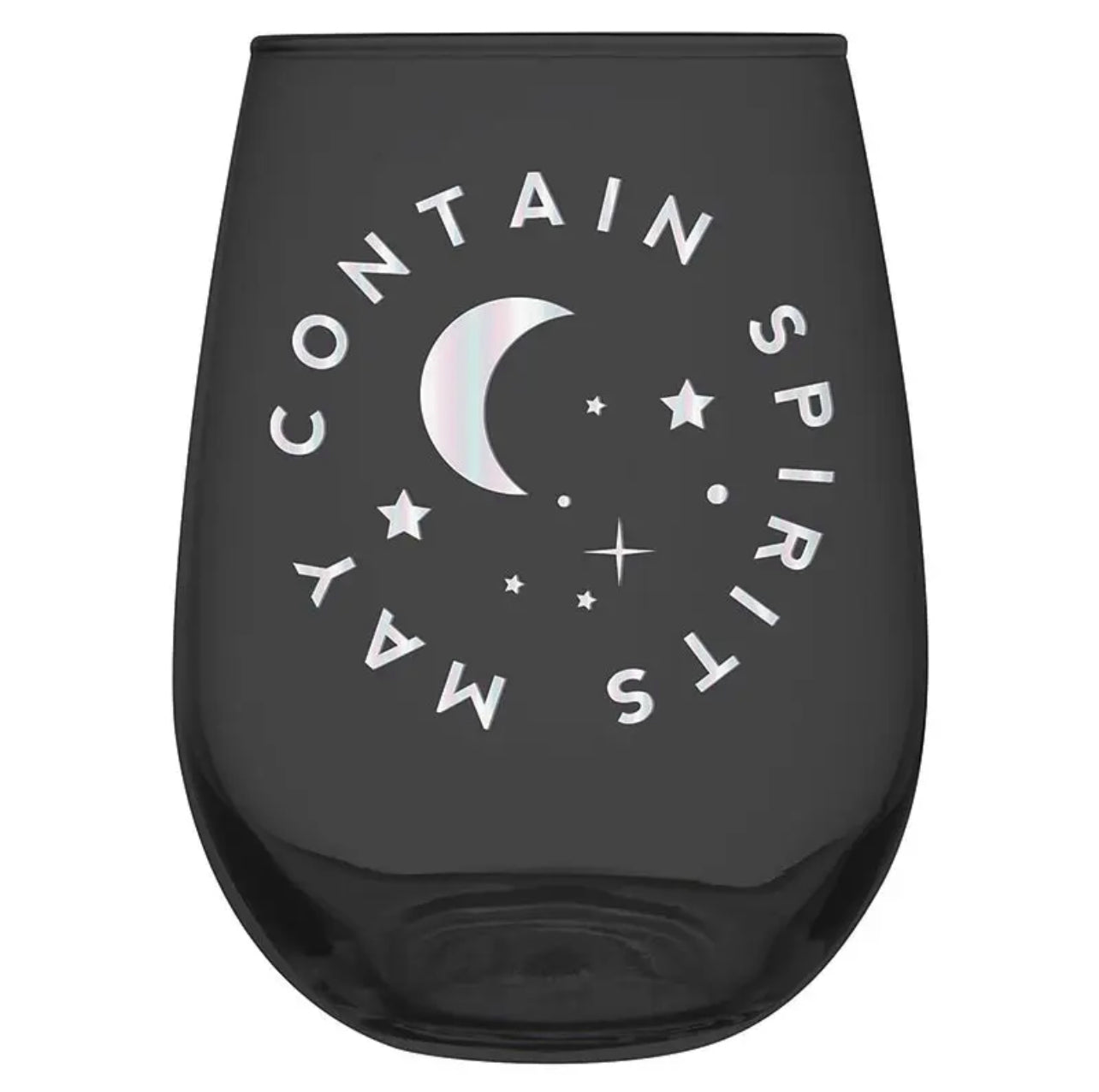 black stemless wine glass with an iridescent moon and stars design and the words "may contain spirits"