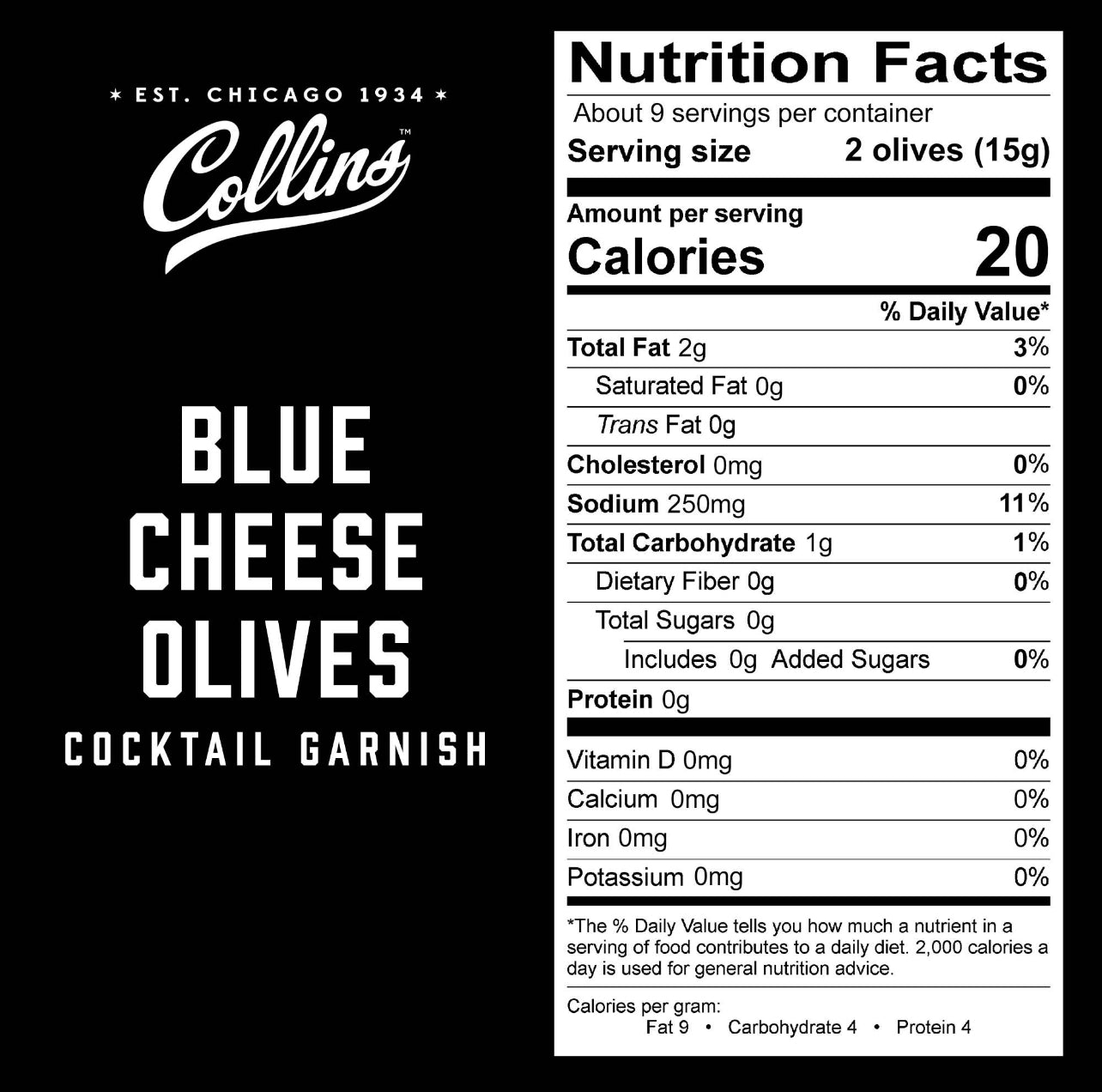 nutritional label for the bottle of blue cheese gourmet olives cocktail garnish by Collins