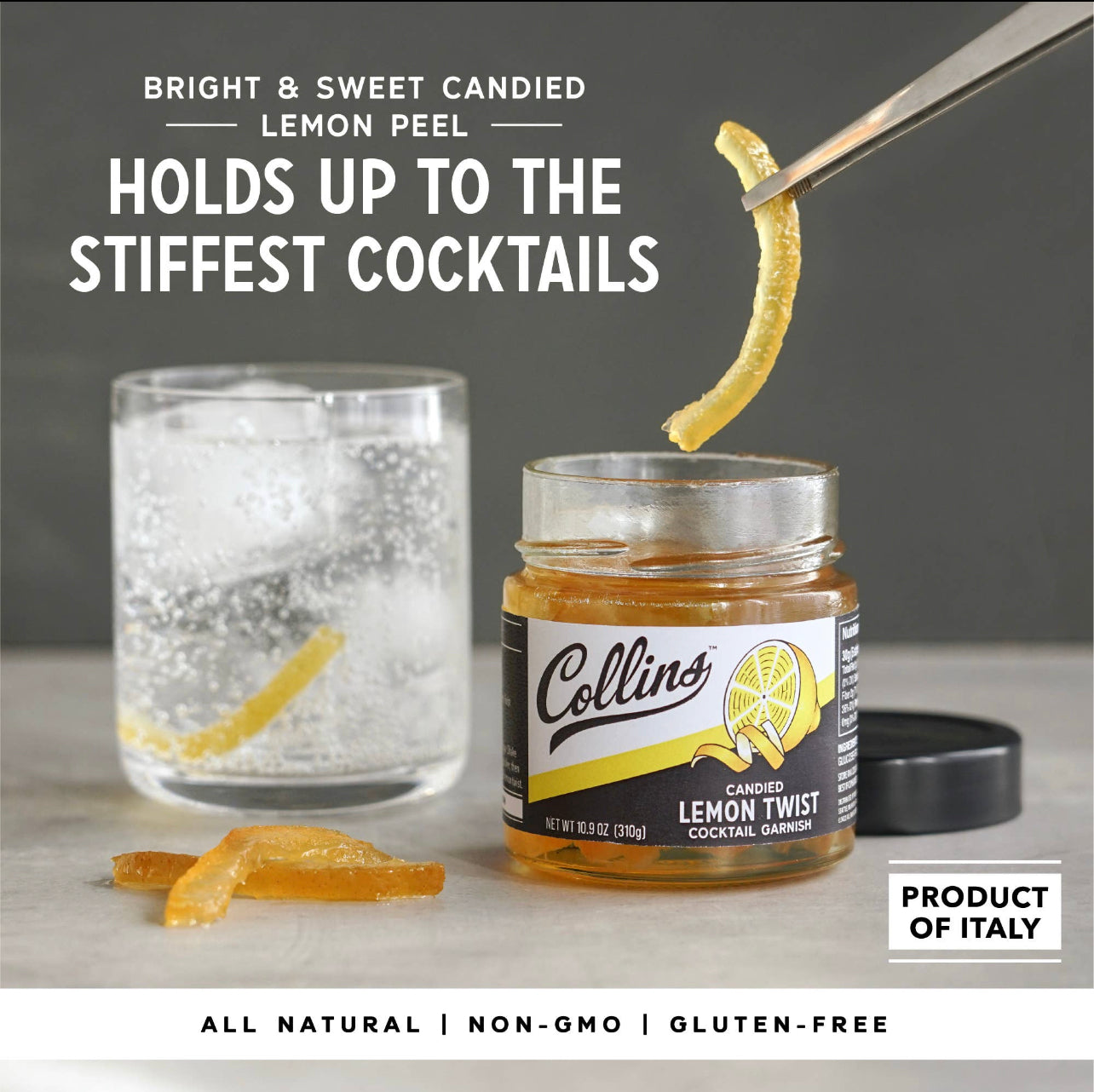 10.9 oz jar of candied lemon twist cocktail garnish by Collins with an example being held up of what the twist looks like and a cocktail next ot the jar using the twist as a garnish