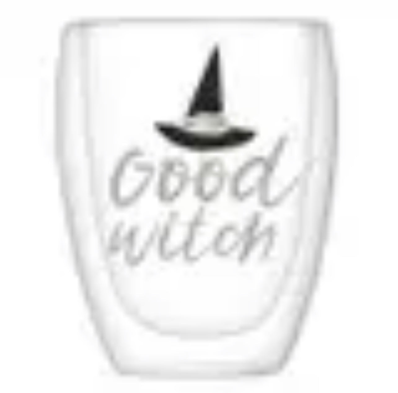 double walled stemless wine glass with two sides featuring a witches hat and writing in silver glitter, one side says "bad witch" the other side says "good witch"