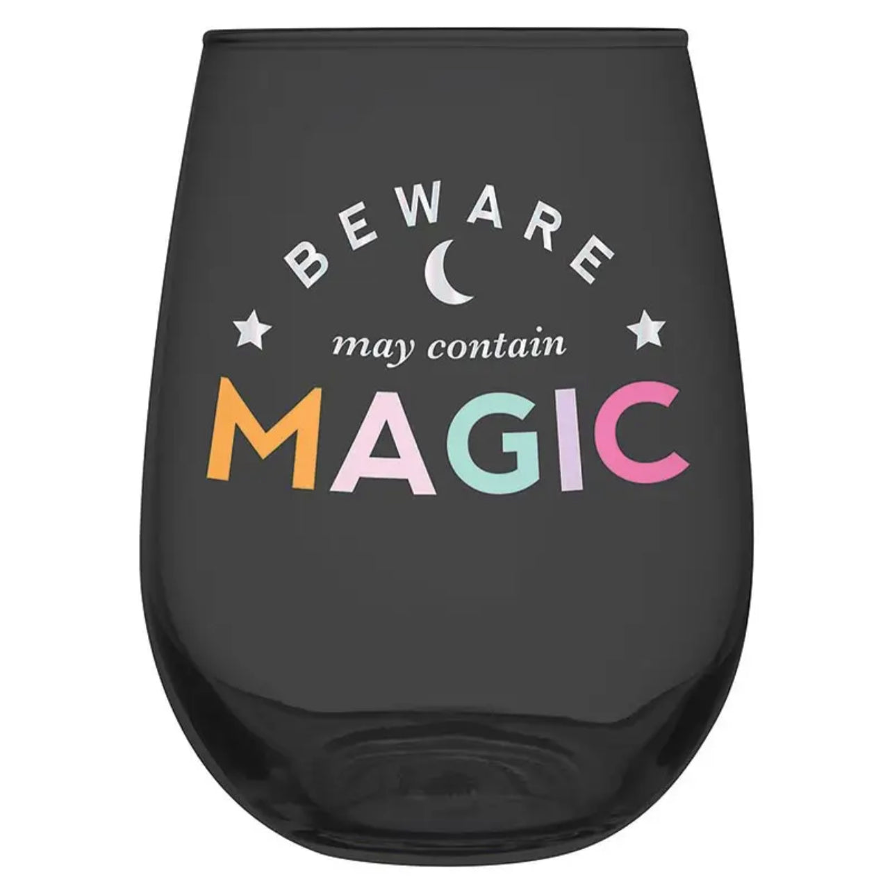 black stemless wine glass featuring a moon and stars and writing that says "beware may contain magic"