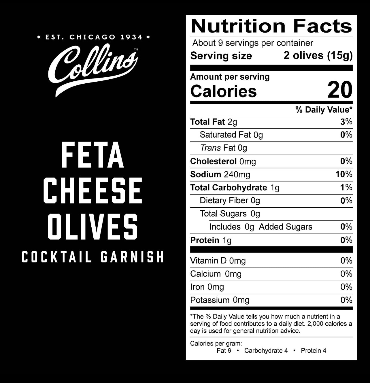 nutritional label for bottle of feta cheese gourmet olives cocktail garnish by Collins