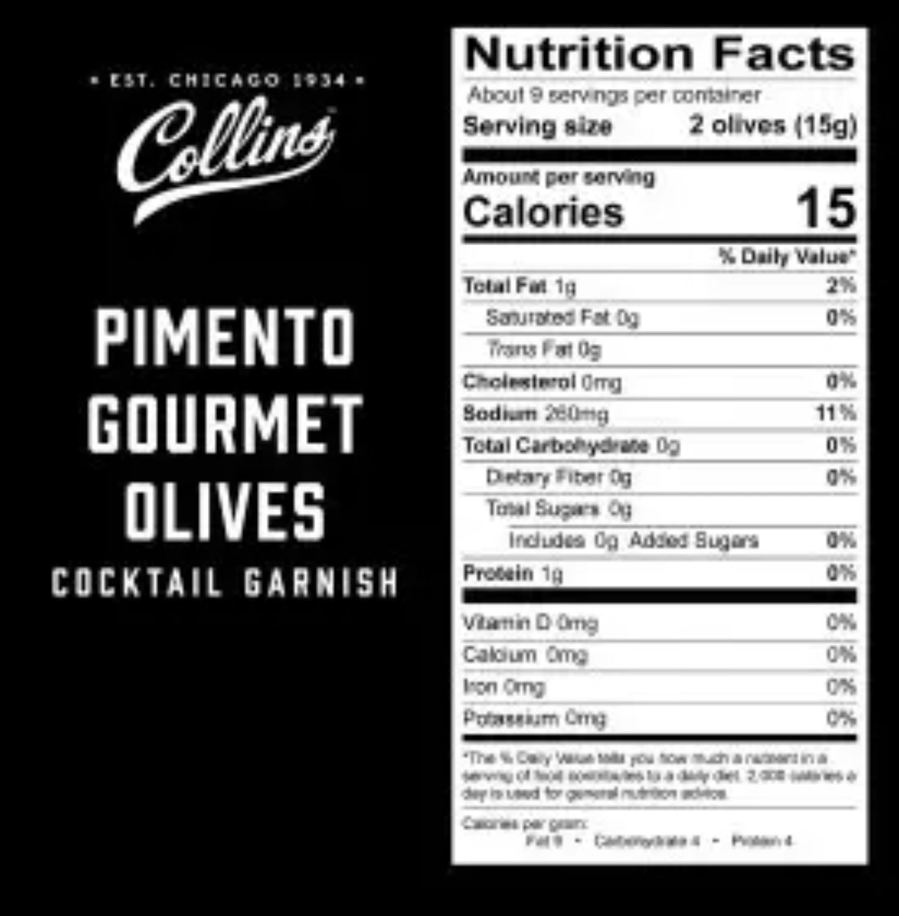 nutritional information for the jar of pimento gourmet spanish olives by Collins