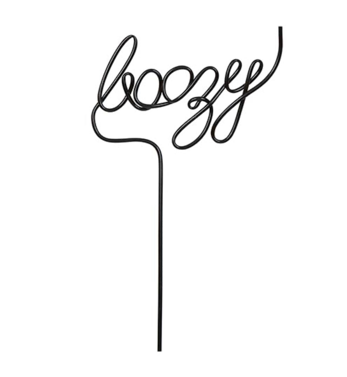 black plastic straw twisted into the word "boozy" at the top