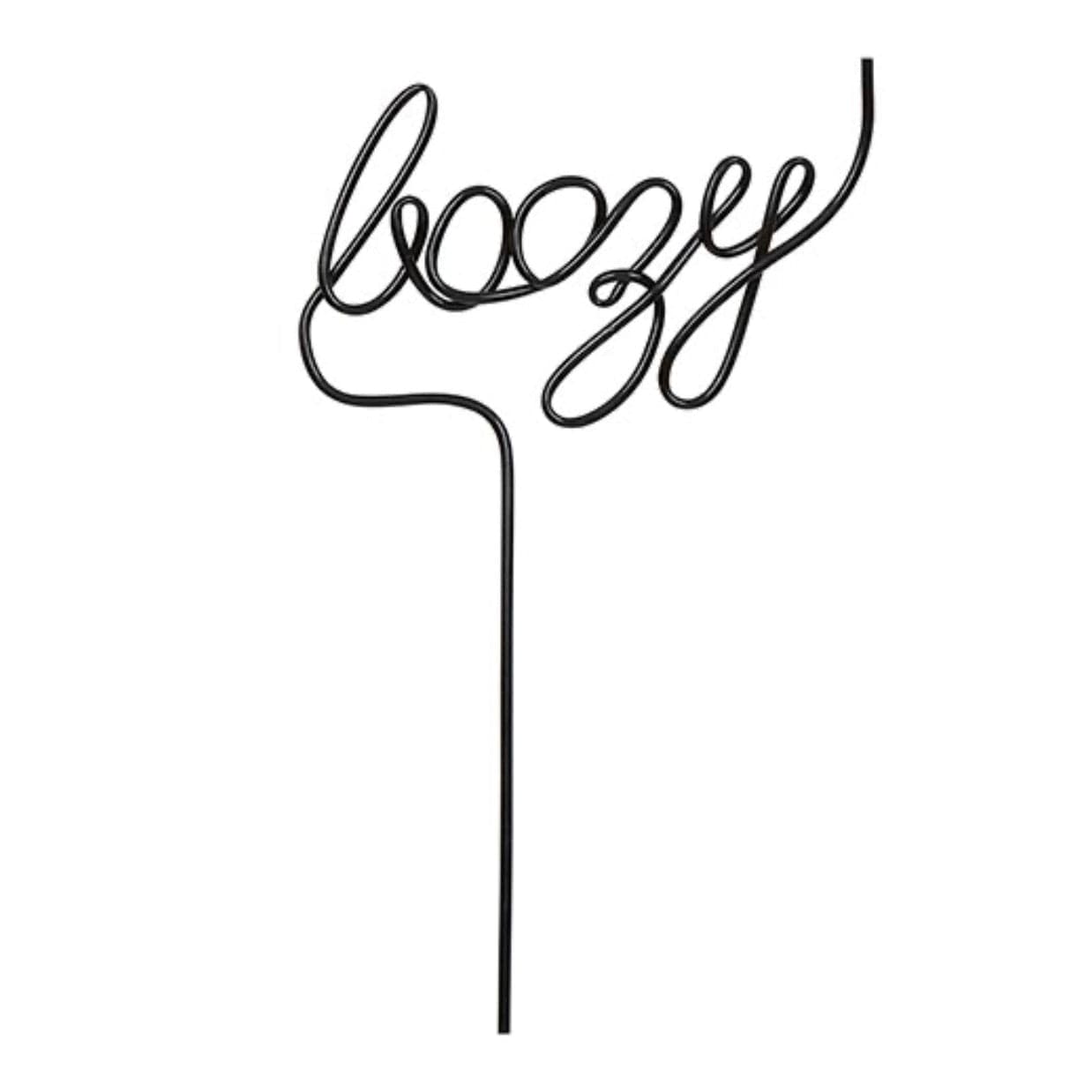 black plastic straw twisted into the word "boozy" at the top