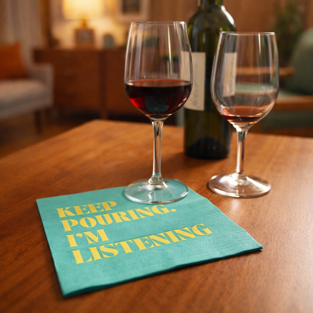 Keep Pouring I’m Listening cocktail napkin displayed on table with wine glasses and bottle