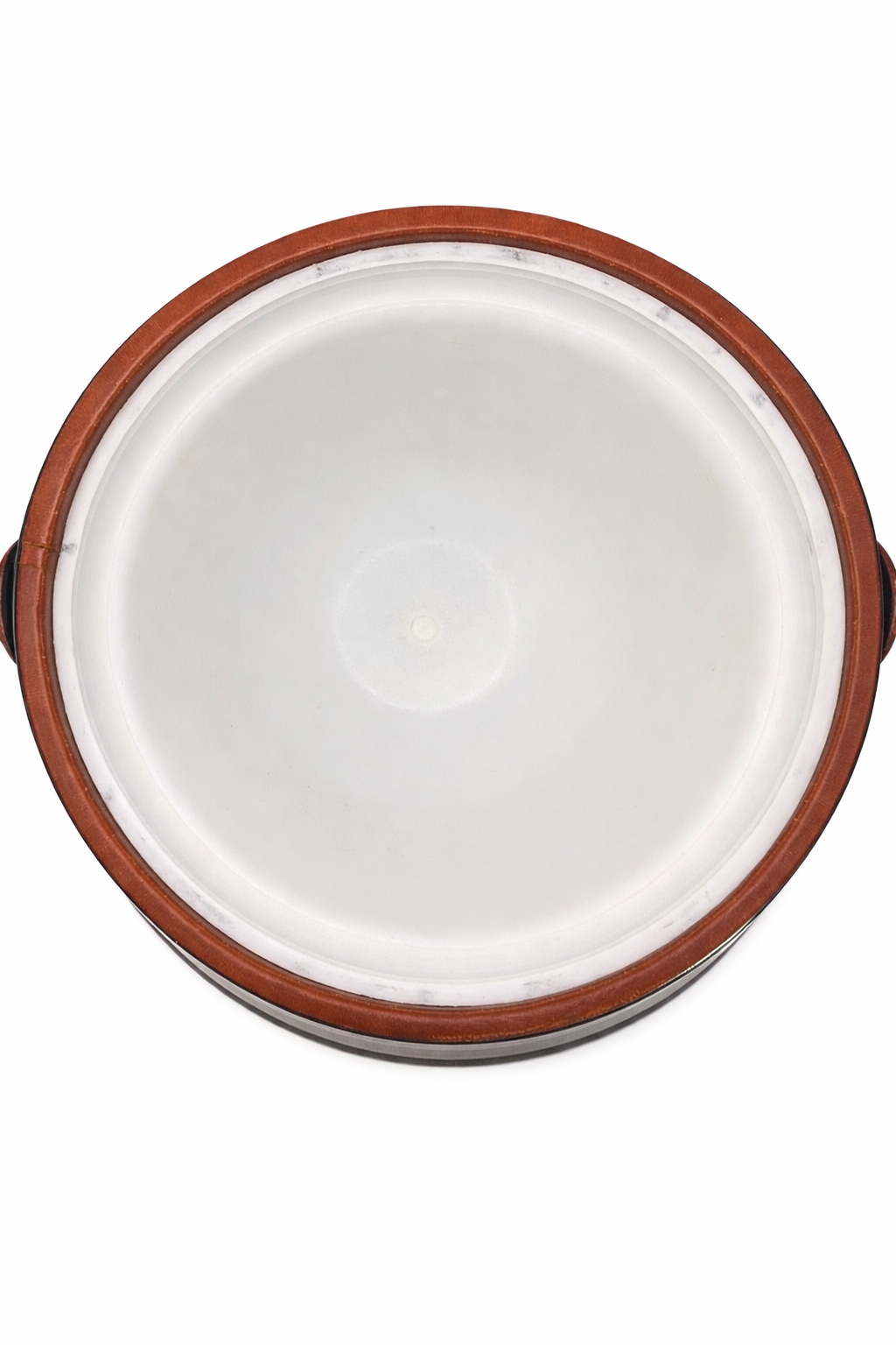 Interior view of vintage Kraftware ice bucket showing original white insulated liner