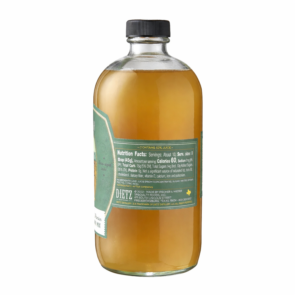 Lime Ginger cocktail mix bottle back label with nutrition facts and ingredients on white background