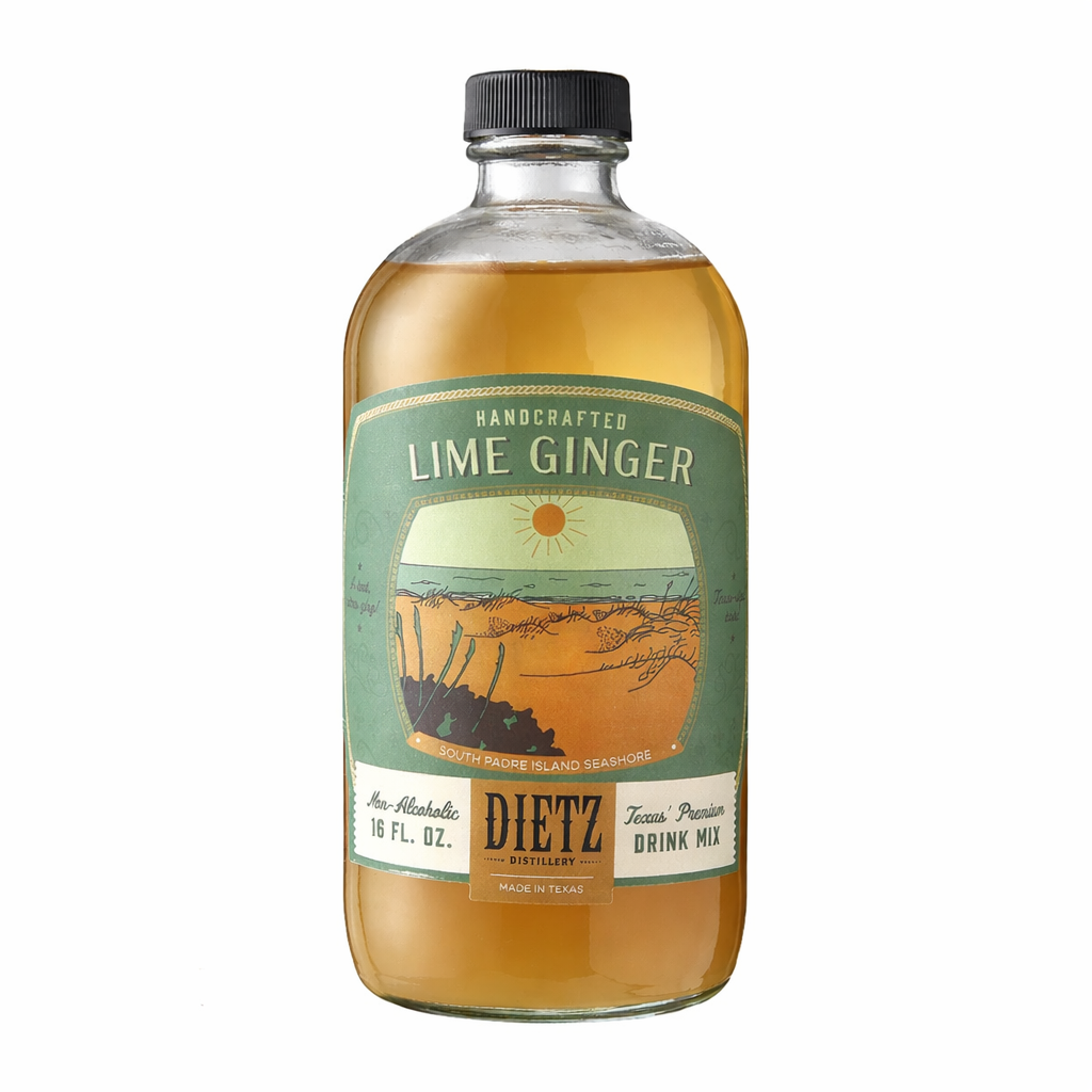 Lime Ginger cocktail mix bottle front label on white background Texas made drink mixer