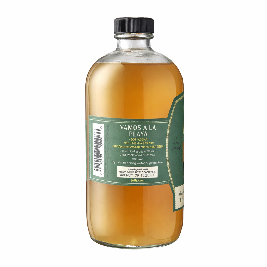Lime Ginger cocktail mix bottle side label with serving recipe and barcode on white background
