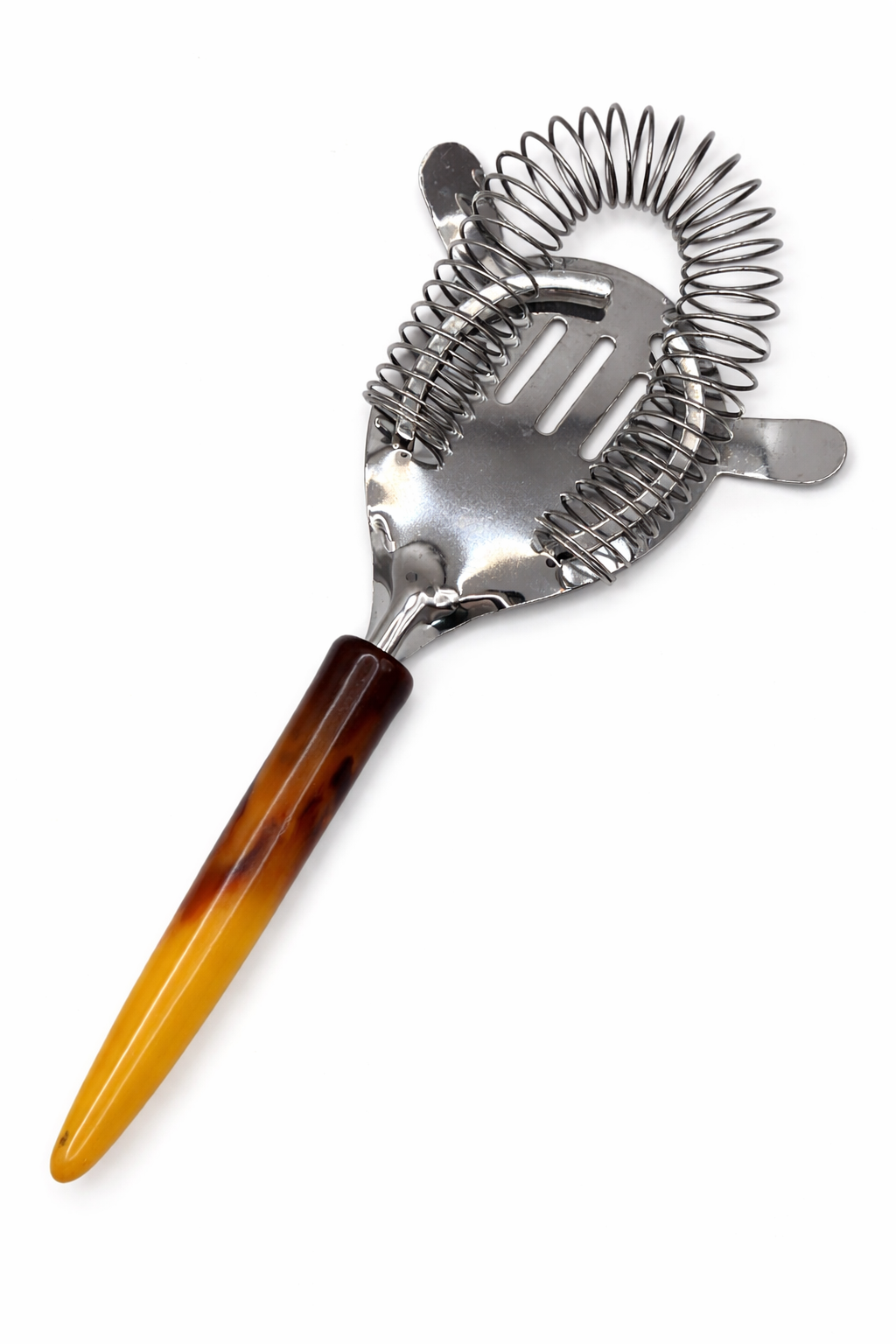 Mid century Bakelite cocktail strainer with chrome spring coil and butterscotch handle
