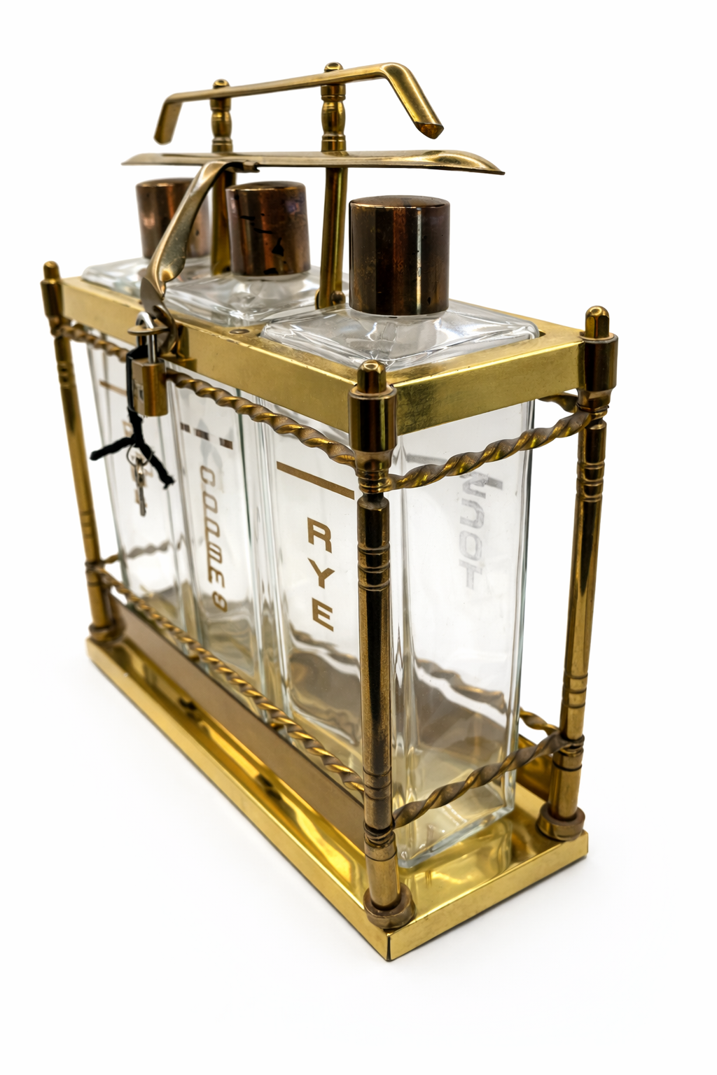 Angled view of mid century modern brass liquor decanter set with glass bottles