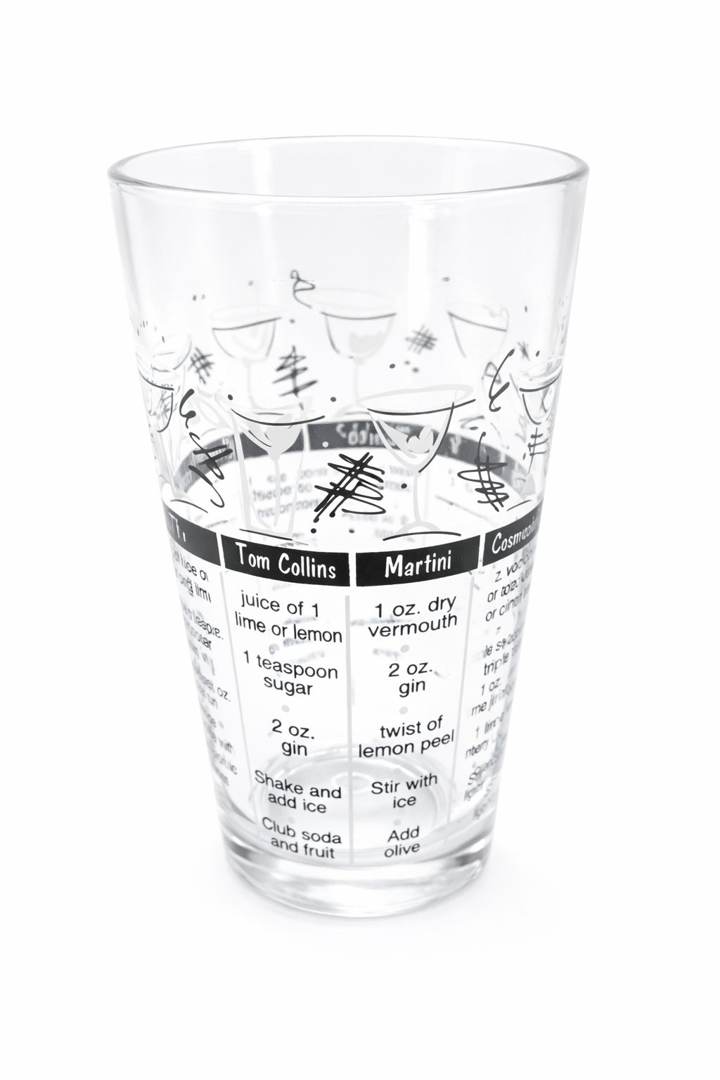 Mid-century modern cocktail recipe glass featuring Martini and Tom Collins instructions with printed ounce measurement scale.
