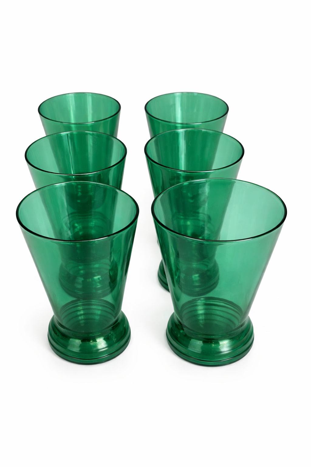 Top view of vintage emerald green cocktail glasses set of six mid century barware